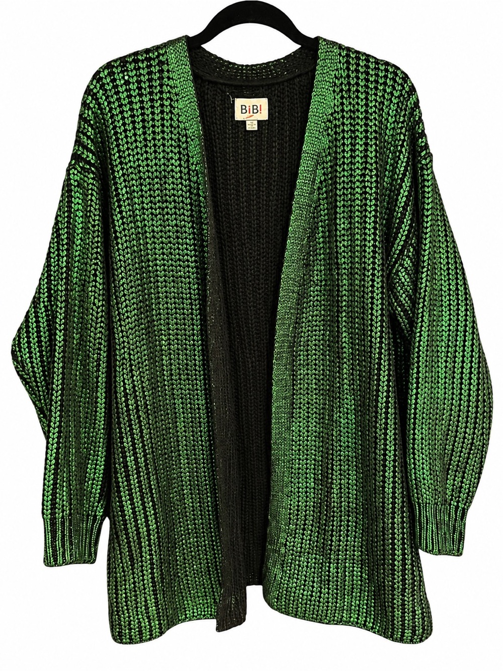BiBi Metallic Foil Green Open-Front Knit Cardigan